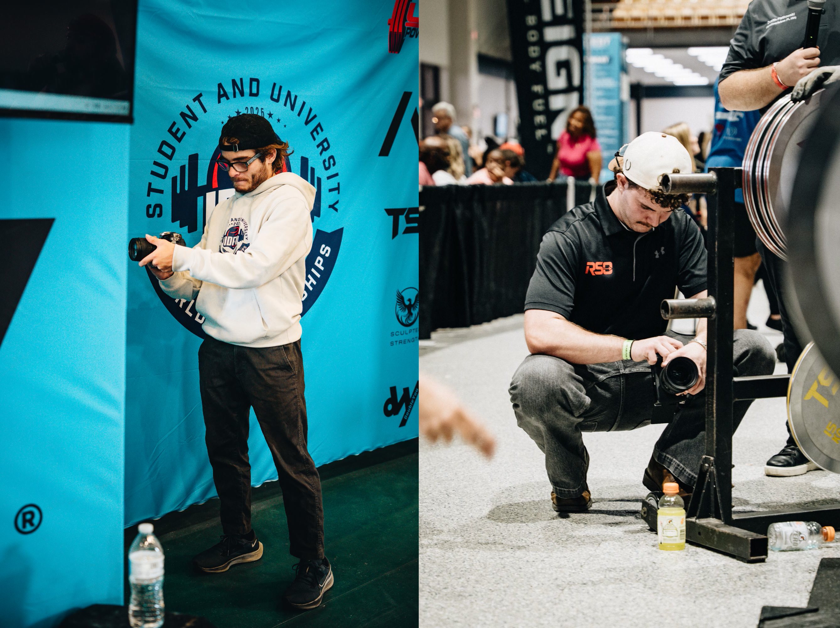 Ricky checking a camera in front of a powerlifting banner, and Grayson crouched with a camera at a meet